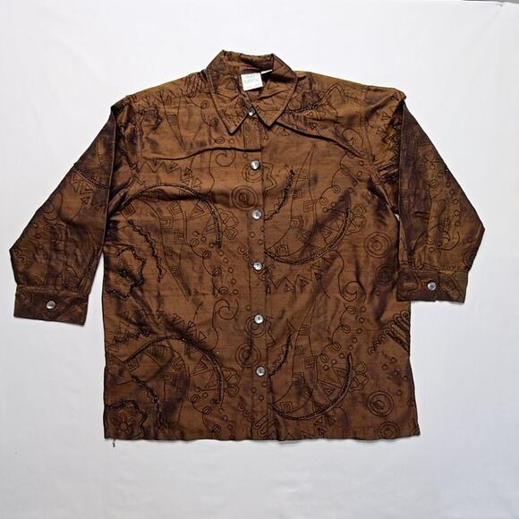 Vintage Bleu Bayou Silk Shirt Embroidered Small Brown Beaded Blouse 90s - Picture 1 of 14